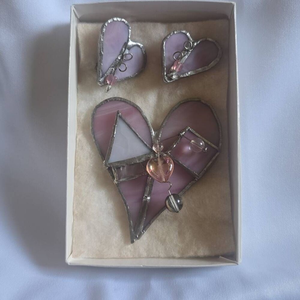 Artisan Crafted Stained Glass Pale Pink Heart Pendant & Clip On Earrings, Vtg.